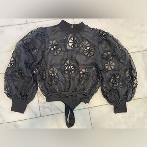 Valentine, medium, black cut out sheer bodysuit with balloon sleeves good shape